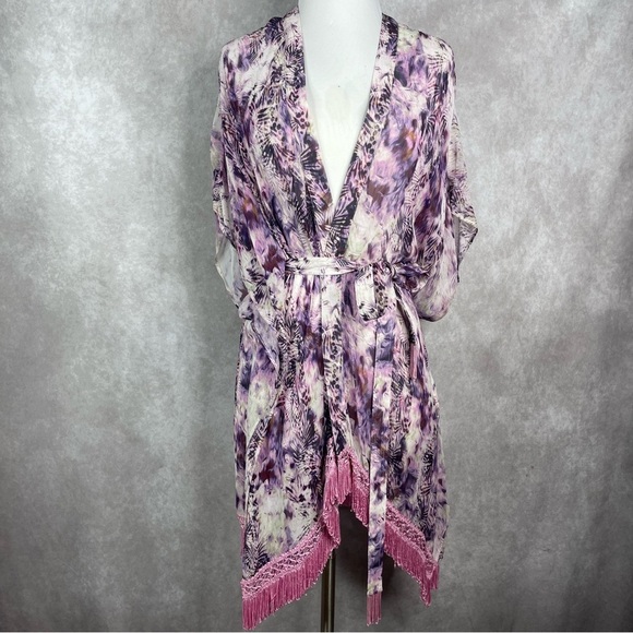 Soft Surroundings Fringe Sheer Open Front Kimono In Purple Women's Sz XS Petite - Picture 1 of 9